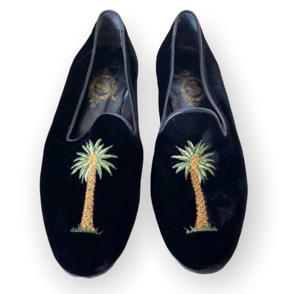 Erica Wilson Needle Works Shoes - Erica Wilson Needle Works Black Green Palm Tree Velvet Loafer Flats Size 7